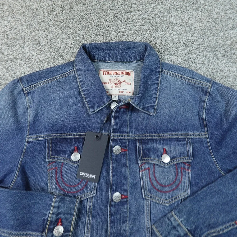 NEW True Religion Jacket Mens M Blue Denim Jean Coat Type 3 Trucker Horseshoe